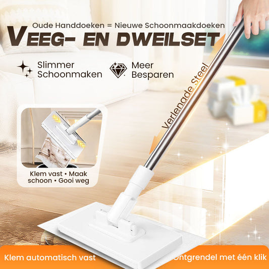 🔥50% KORTING🧹 Herbruikbare Stofmaap Set – Automatische Bionische Klem, 39" Verlengbare Staalsteel, 360° Draaiend + Milieuvriendelijk (Meerdere Oppervlaktes)!