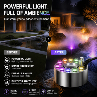 💨⚡ 50% korting! 12-LED mistmaker – 💧 koele nevel & kleurrijk licht, 🌊 voor vijvers, Halloween & humiditeit!