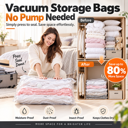 ⏳Alleen vandaag: uitverkoop!🏆🧳Vacuümopbergzakken zonder pomp – Drukken en sluiten, geen pomp nodig. Bespaart 80% ruimte en houdt kleding droog en stofvrij. Ideaal voor volumineus beddengoed en seizoensspullen. 🛏️🗄️
