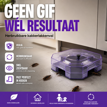 ⏳ 50% KORTING! ⏰ Stop met het spuiten van chemische troep waar je kinderen en huisdieren bij lopen! Deze herbruikbare val met eenrichtingsdeuren vangt élke kakkerlak – geen gif, geen rommel.