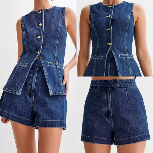 💕HETE AANBIEDING - GRATIS VERZENDING💕 Casual tweedelig denim set voor dames: mouwloze top en short