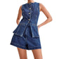💕HETE AANBIEDING - GRATIS VERZENDING💕 Casual tweedelig denim set voor dames: mouwloze top en short