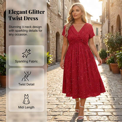 🔥HALVE PRIJS👗Feestjurk met glitter, gedraaide voorkant, verborgen zakken & korte mouwen