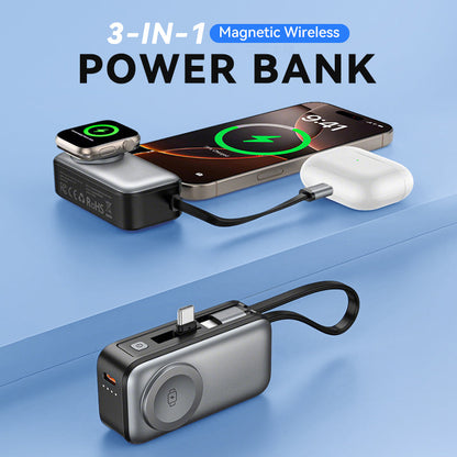 📱 3-in-1 Universele Powerbank | Magnetisch Ontwerp | Ingebouwde Kabels | Draadloos Opladen | Ultra Compact | 5000mAh🌞