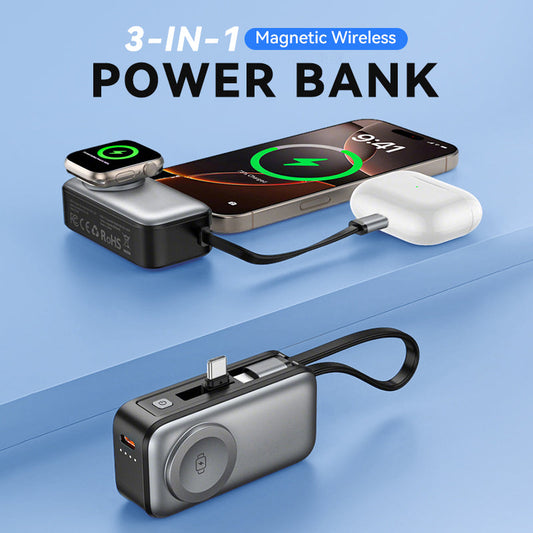 📱 3-in-1 Universele Powerbank | Magnetisch Ontwerp | Ingebouwde Kabels | Draadloos Opladen | Ultra Compact | 5000mAh🌞