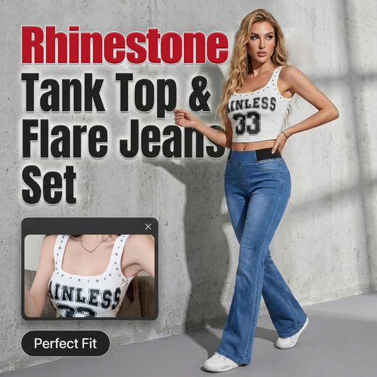 Chique tanktop met strasssteentjes en flared jeans, tweedelige set