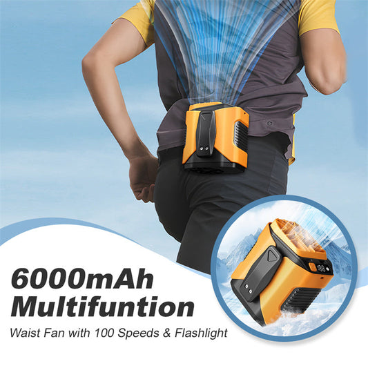 Multifunctionele heupventilator van 6000 mAh met 100 snelheden en zaklamp.
