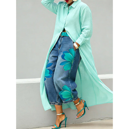 Maxi-jurk met lange mouwen en knoopsluiting voor dames