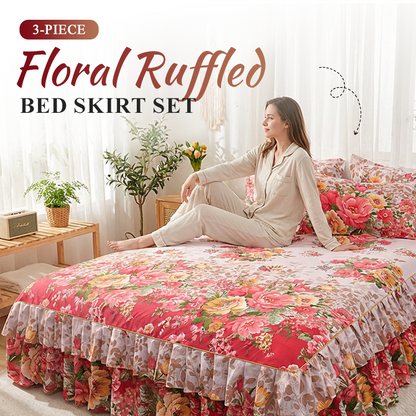 🌸 -50% ! 🛏️ 3-Delig Bloemen Bedrok Set met Ruches – Hoogdichtheid Katoenmix – 5 Maten – Bedrok + 2 Kussenslopen voor Slaapkamer 🌷