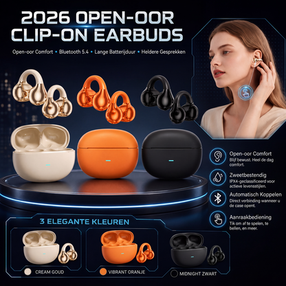 Draadloze Bluetooth-oordopjes met open oor en clipbevestiging