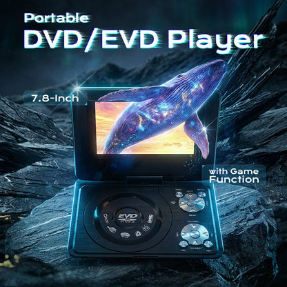 7,8-inch draagbare DVD/EVD-speler met gamefunctie – 7-inch scherm, oplaadbare lithiumbatterij, EVD/DVD/CD/AVI/MPEG-4/JPG, USB, AV, 12V.
